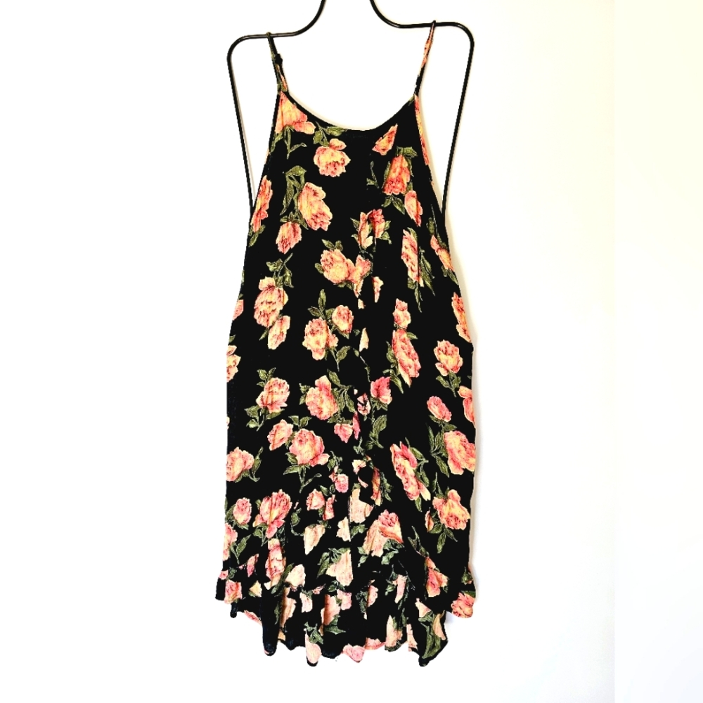 Vintage Free Size Pink Rose Black Dress